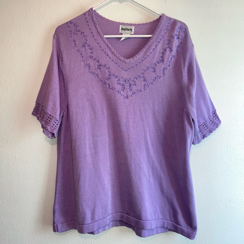 VTG Short Sleeve Sweater Sz L Purple Crochet Cottagecore Retro Granny Romantic